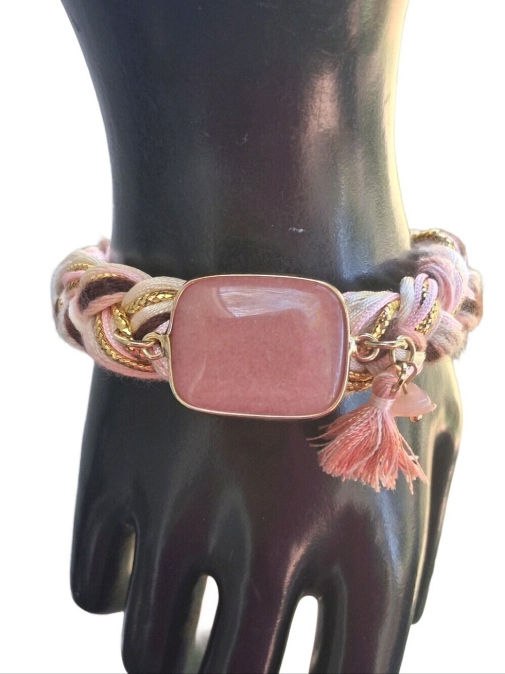Laura Janelle Genuine Rose Quartz Braided Silk Tassel Charm Bracelet